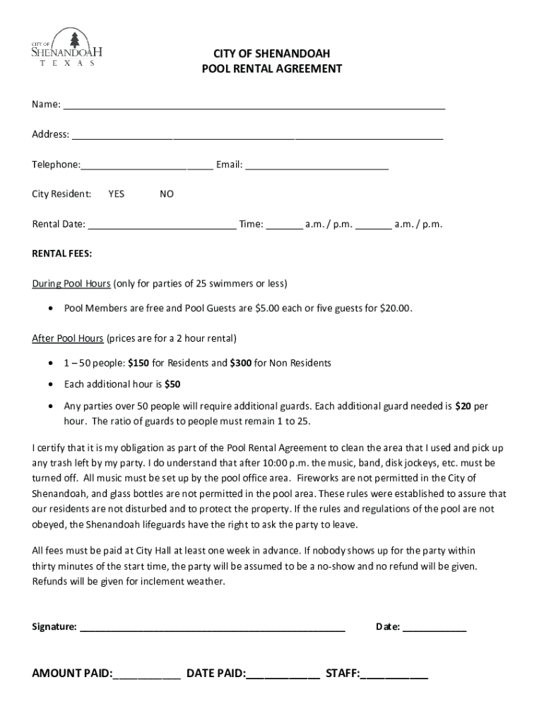 Fillable Online CITY OF SHENANDOAH POOL RENTAL AGREEMENT AMOUNT Fax
