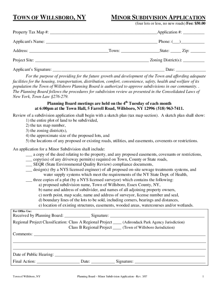 Fillable Online town of willsboro, ny minor subdivision application Fax