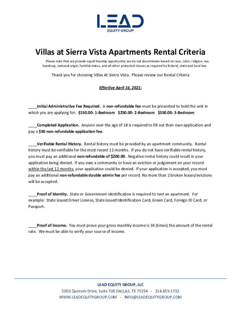 Fillable Online Villas at Sierra Vista Rental Qualifying Criteria Fax