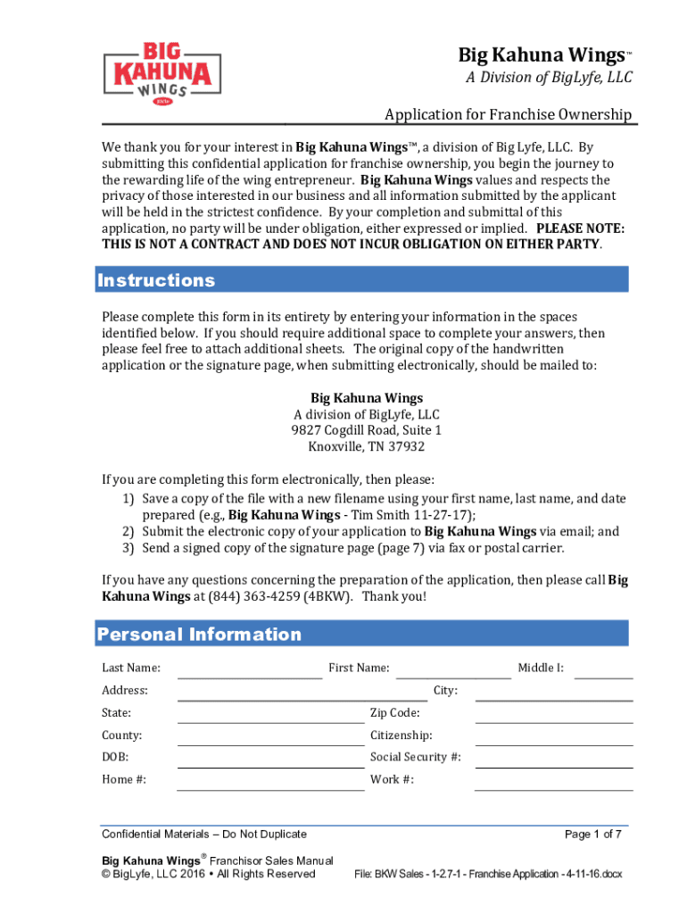 Fillable Online Big Kahuna Wings, owned and operated by Matt Beeler