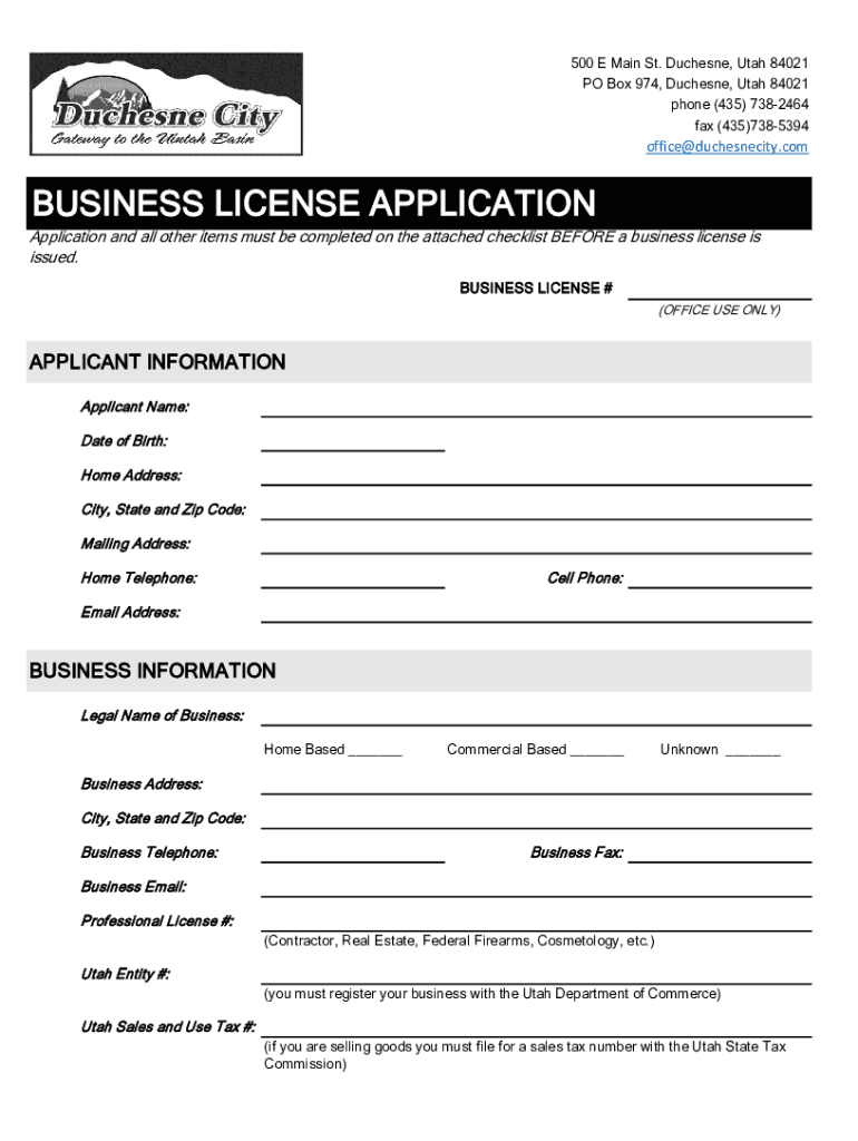 Fillable Online Business License Application Duchesne County Utah.gov Fax Email Print