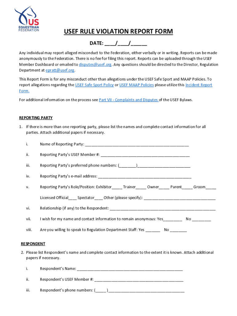 Fillable Online USEF RULE VIOLATION REPORT FORM Fax Email Print pdfFiller