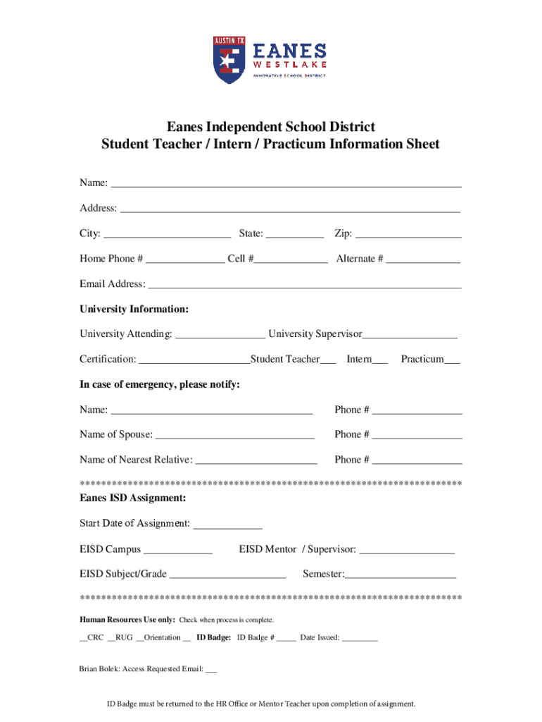 Fillable Online Eanes Independent School District Student Teacher