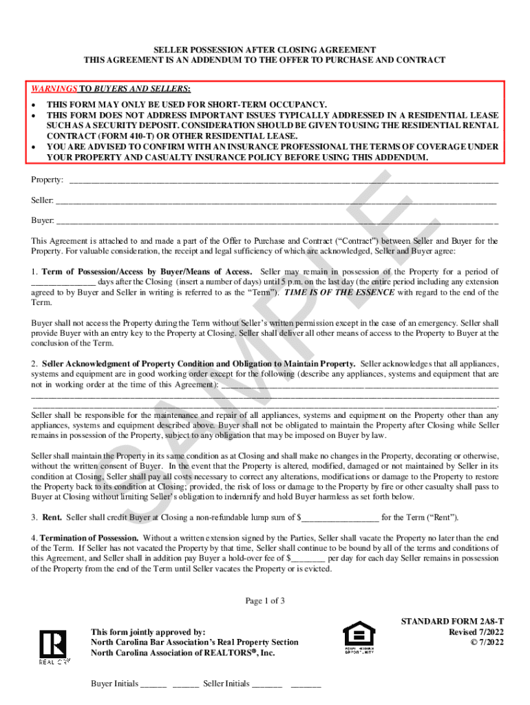 Fillable Online Seller Possession After Closing Agreement (FORM