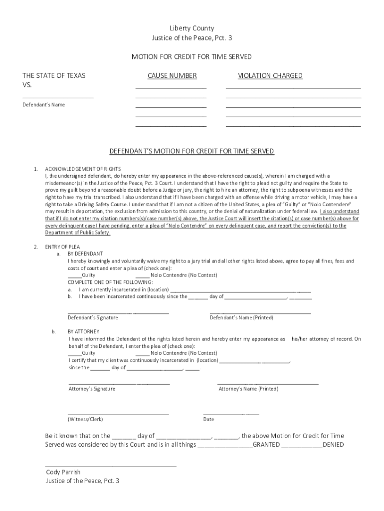 Fillable Online Motion for Credit for Time Served Liberty County