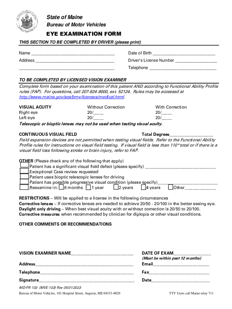 Fillable Online State of Maine Bureau of Motor Vehicles EYE