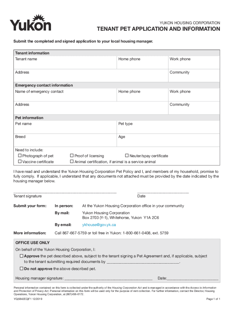 Fillable Online Yukon Housing Corporation tenant pet application and