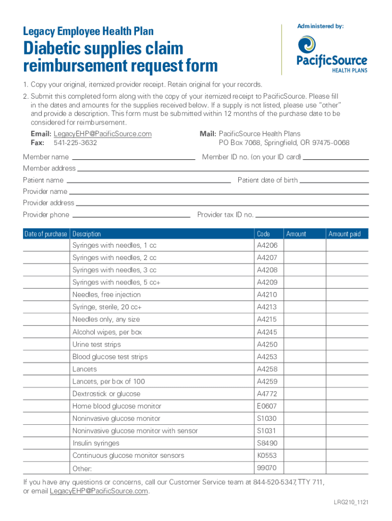 Fillable Online Diabetic Supplies Claim Reimbursement Request Form Fax