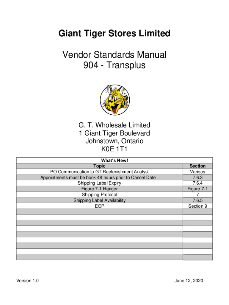 Fillable Online Giant Tiger Stores Limited Vendor Standards Manual 904