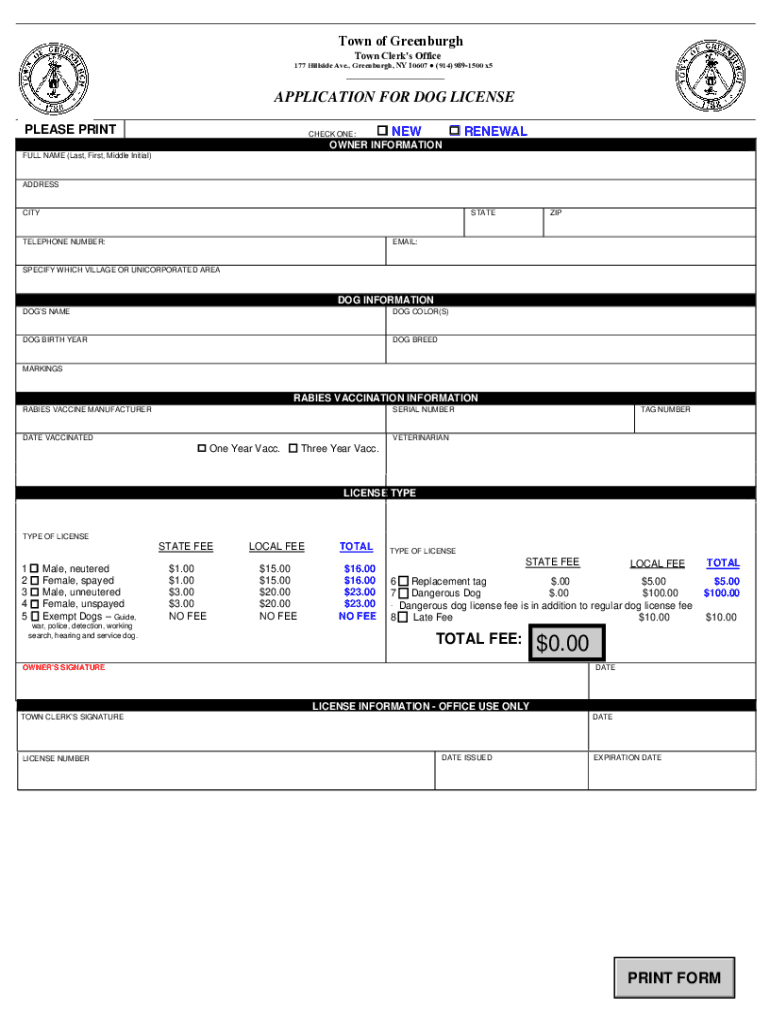 Fillable Online Dog License (New & Renewal) Form Fax Email Print