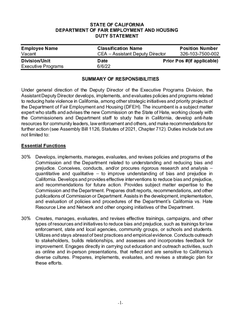 Fillable Online Chief Deputy Director (CEA) Job Bulletin and Duty