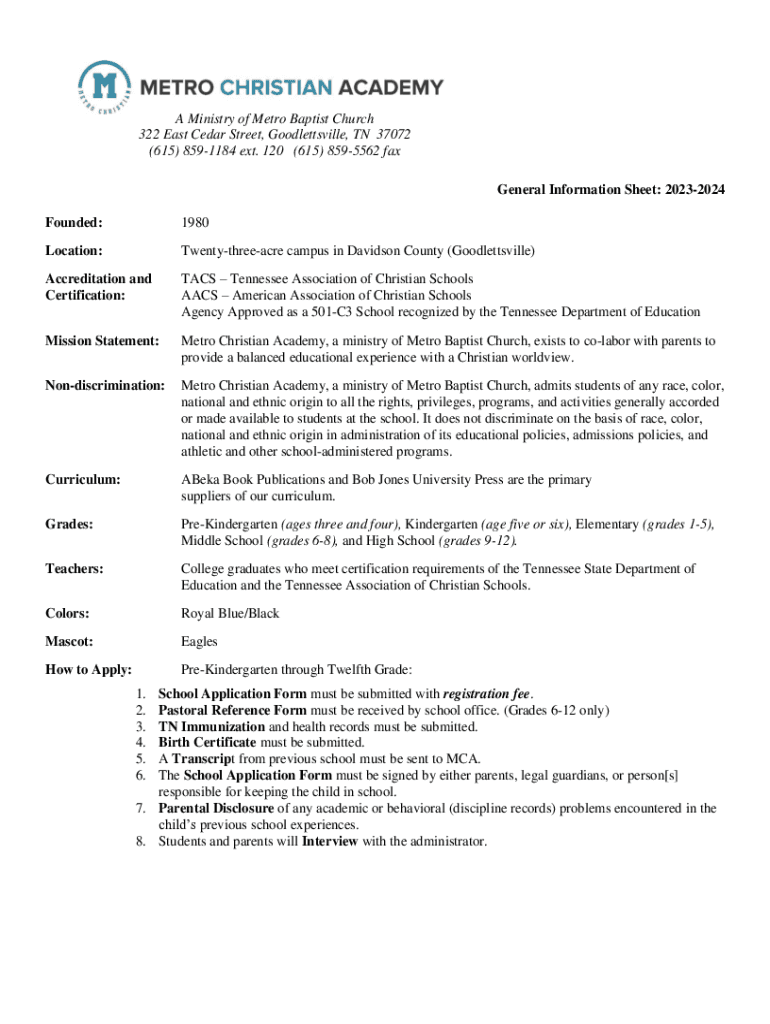 Fillable Online General Information Sheet 20232024 Founded 1980