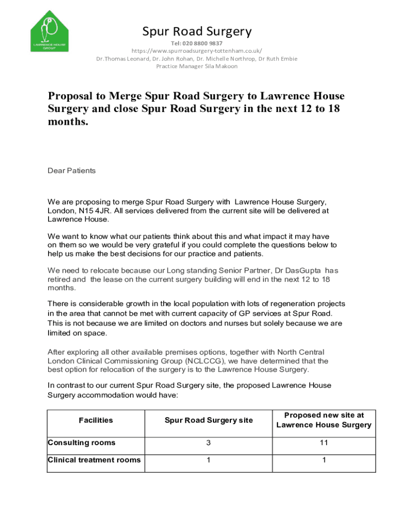 Fillable Online Proposal to Merge Spur Road Surgery to Lawrence House