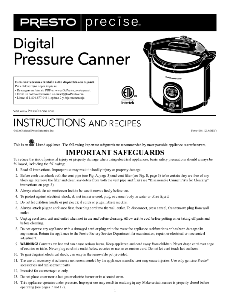 Fillable Online Digital Pressure Canner Instructions and Recipes Fax