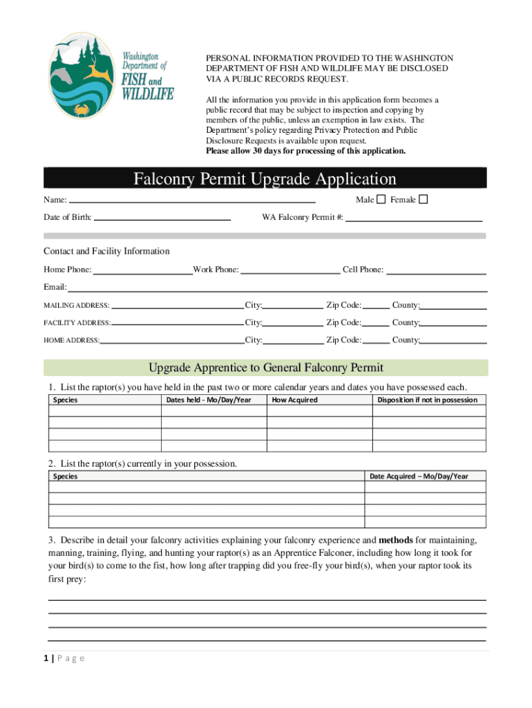 Fillable Online wdfw wa Falconry Permit Upgrade ApplicationWDFW Fax
