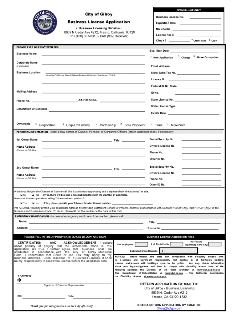 20202024 Form CA Business License Application City of Gilroy Fill