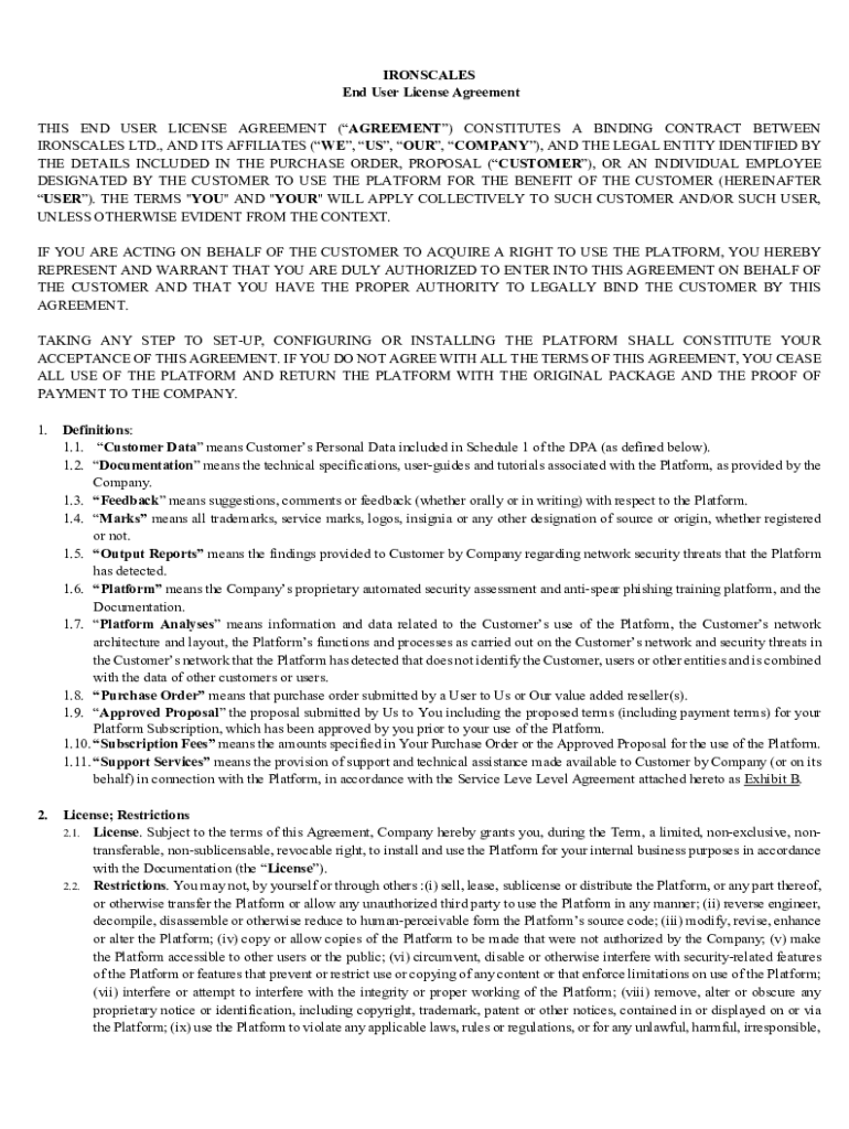 Fillable Online IRONSCALES End User License Agreement THIS Fax