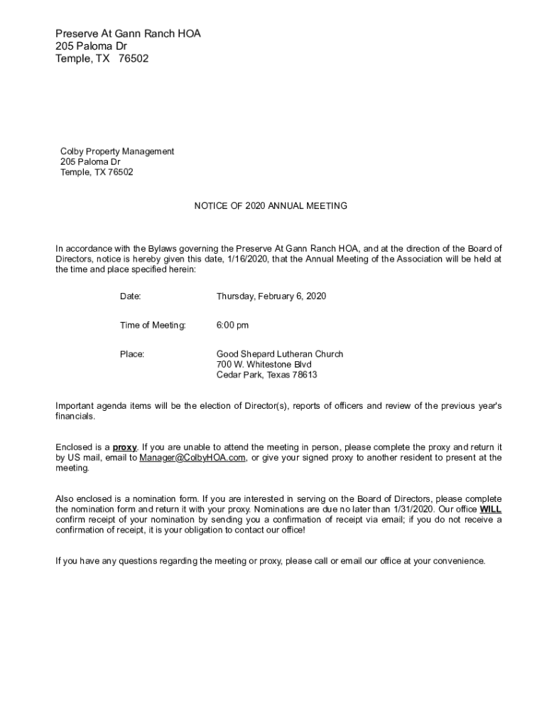 Fillable Online Preserve At Gann Ranch HOA 205 Paloma Dr Temple, TX