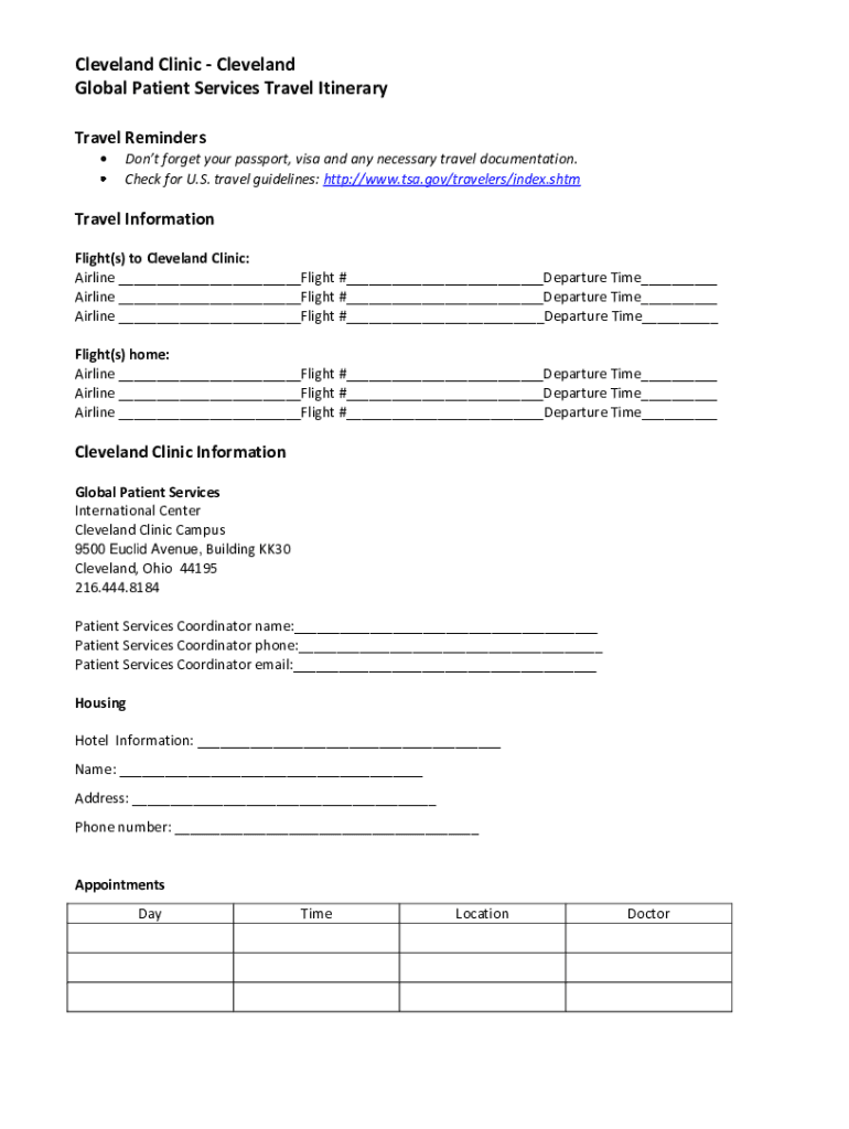 Fillable Online my clevelandclinic Cleveland Global Patient Services Travel Itinerary