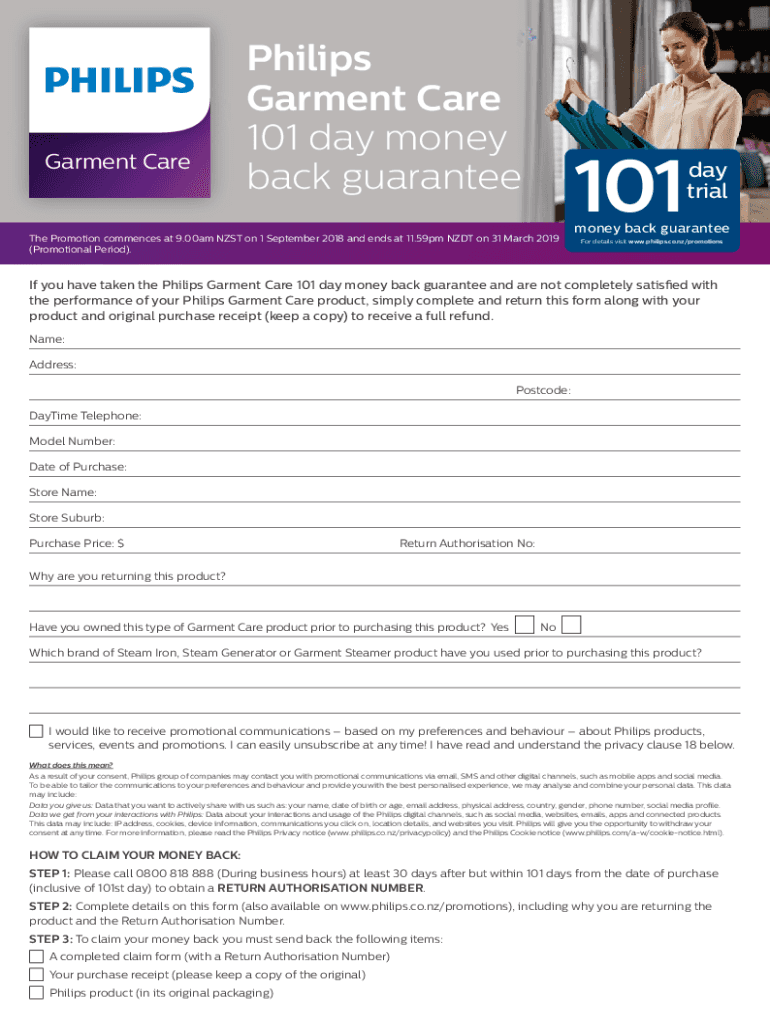Fillable Online Philips Garment Care 101 day money back guarantee