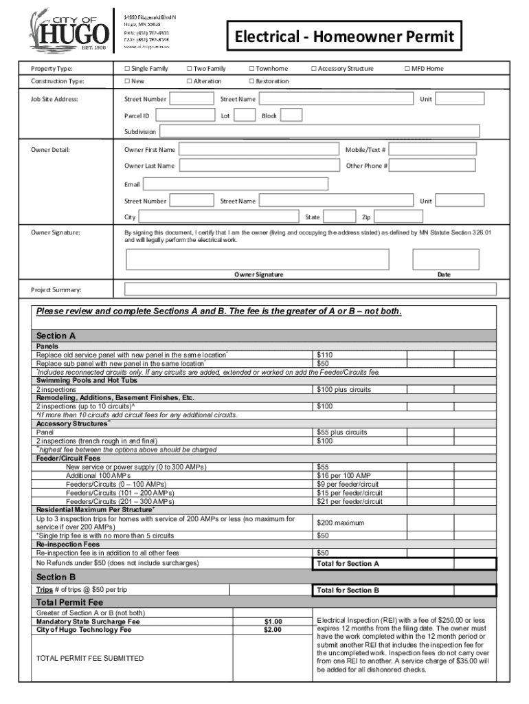 Fillable Online Electrical Homeowner Permit City of Hugo Fax Email
