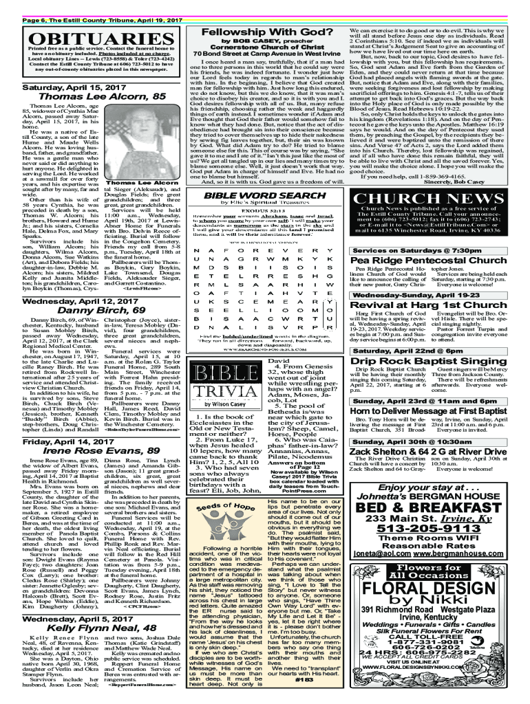 Fillable Online Coffee County Funeral Home Manchester Tn Obituaries