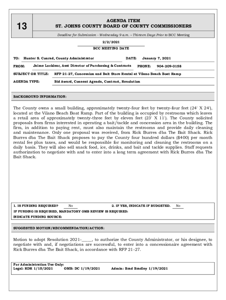 Fillable Online RFP 2127, Concession and Bait Store Rental at Vilano