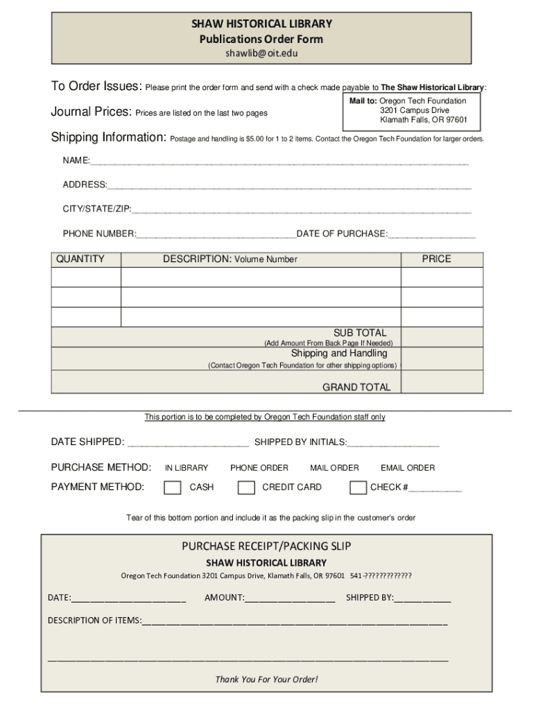 Fillable Online SHAW HISTORICAL LIBRARY Publications Order Form Fax