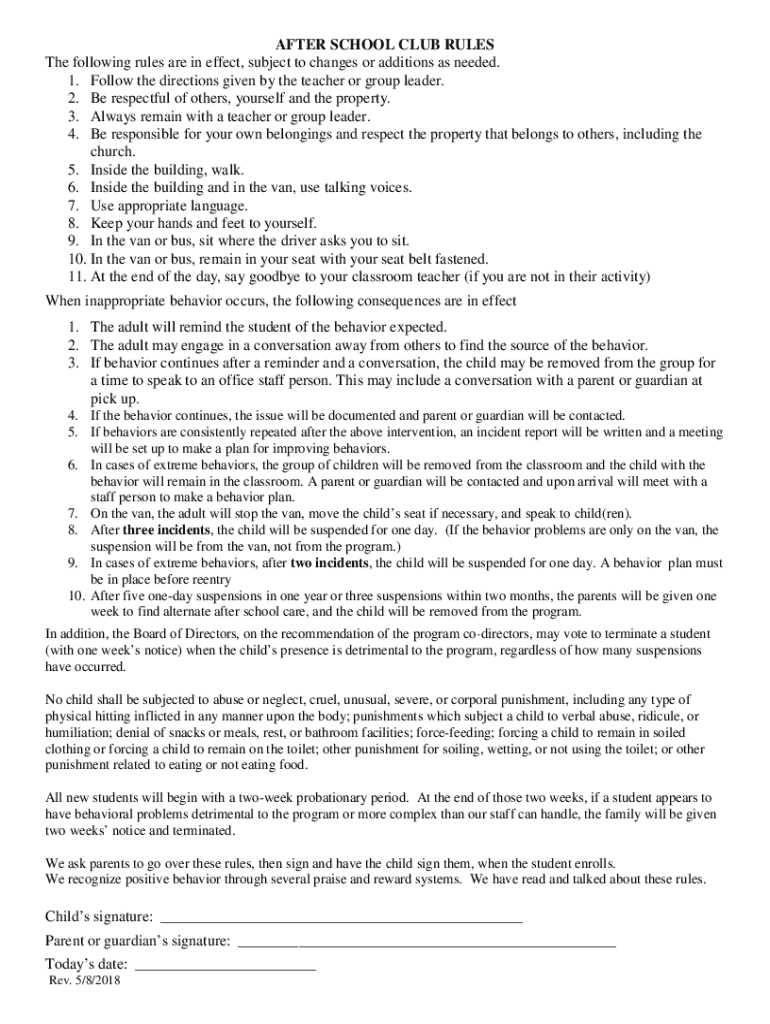 Fillable Online AFTER SCHOOL CLUB RULES Fax Email Print pdfFiller