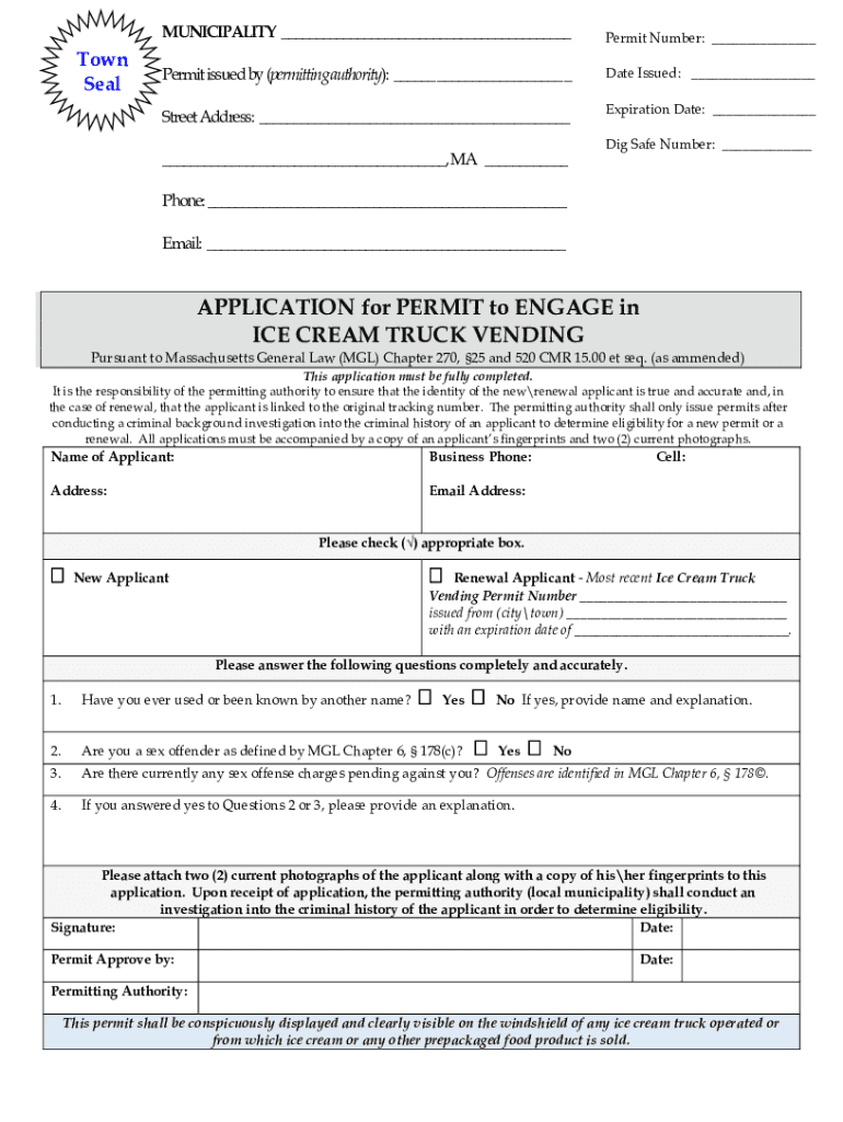 Fillable Online APPLICATION for PERMIT to ENGAGE in ICE CREAM TRUCK