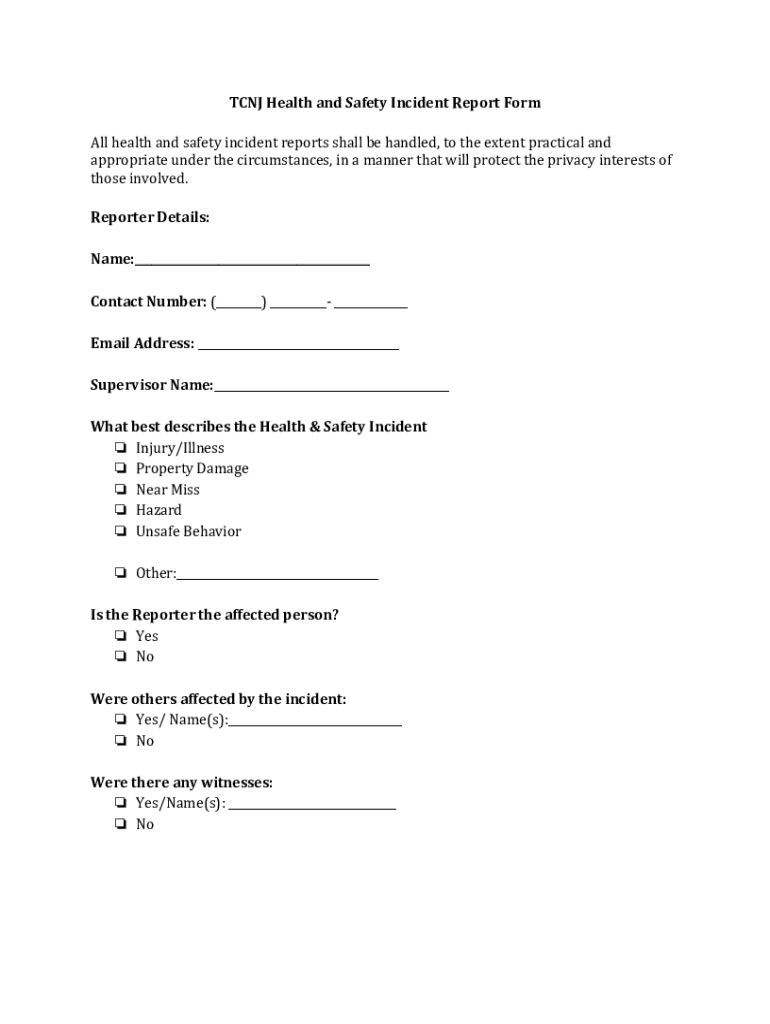 Fillable Online TCNJ Health and Safety Incident Report Form Fax Email