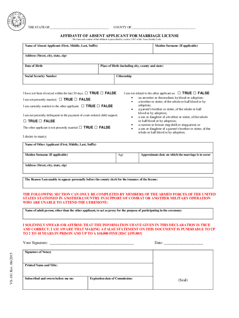 Fillable Online Affidavit of Absent Applicant for Marriage License Fax