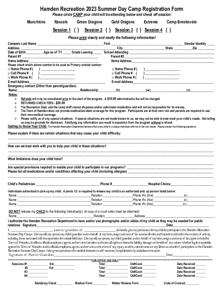 Fillable Online Hamden Recreation 2023 Summer Day Camp Registration