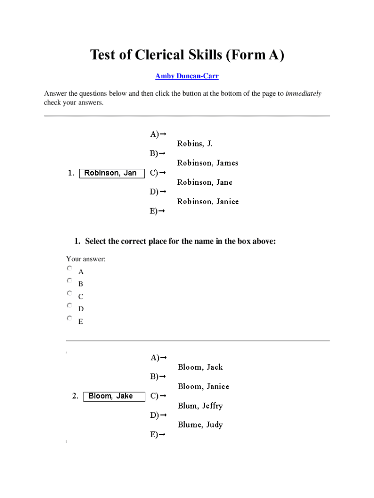 Fillable Online Test of Clerical Skills (Form A) Fax Email Print