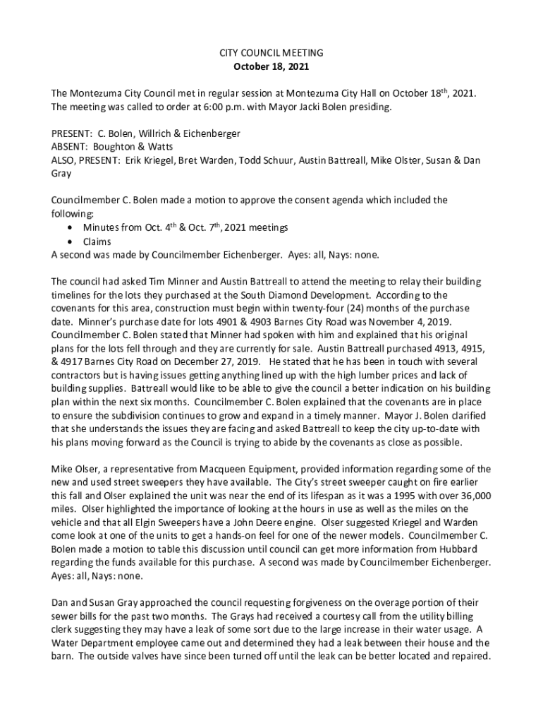 Fillable Online The Montezuma City Council met in regular session at