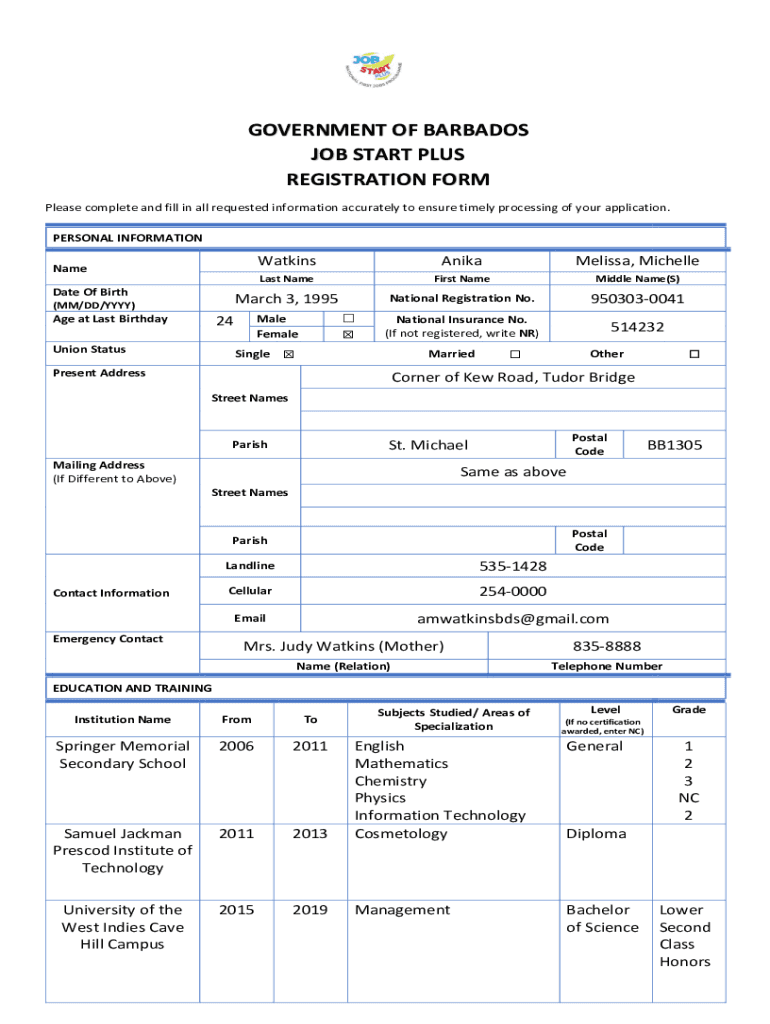 Fillable Online labour gov Barbados Job Start Plus Registration Form