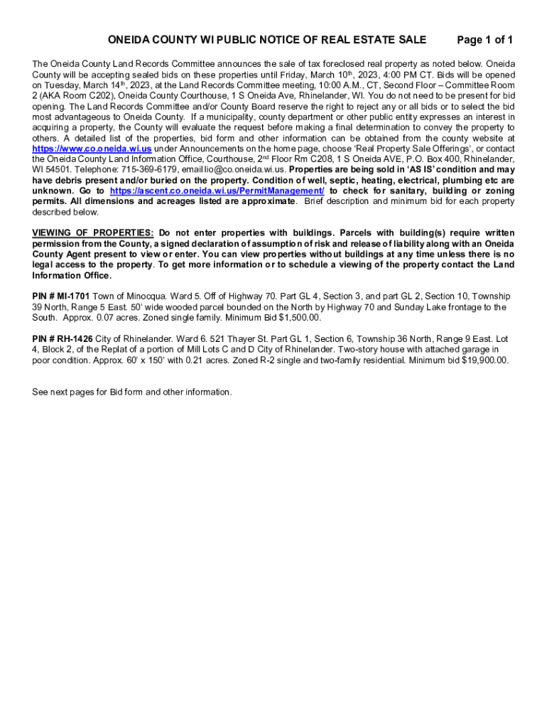 Fillable Online ONEIDA COUNTY WI PUBLIC NOTICE OF REAL ESTATE SALE Fax