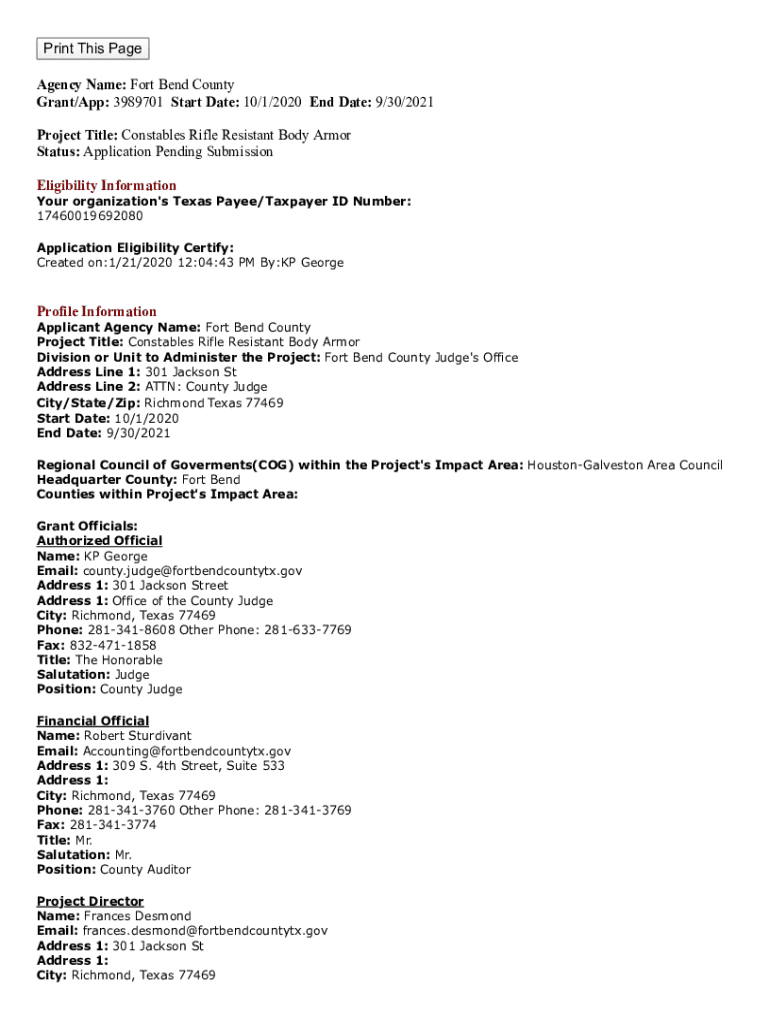 Fillable Online RifleResistant Body Armor Grant Program (Texas) Fax