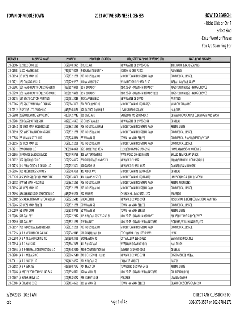 Fillable Online Application for Business License Middletown, DE Fax