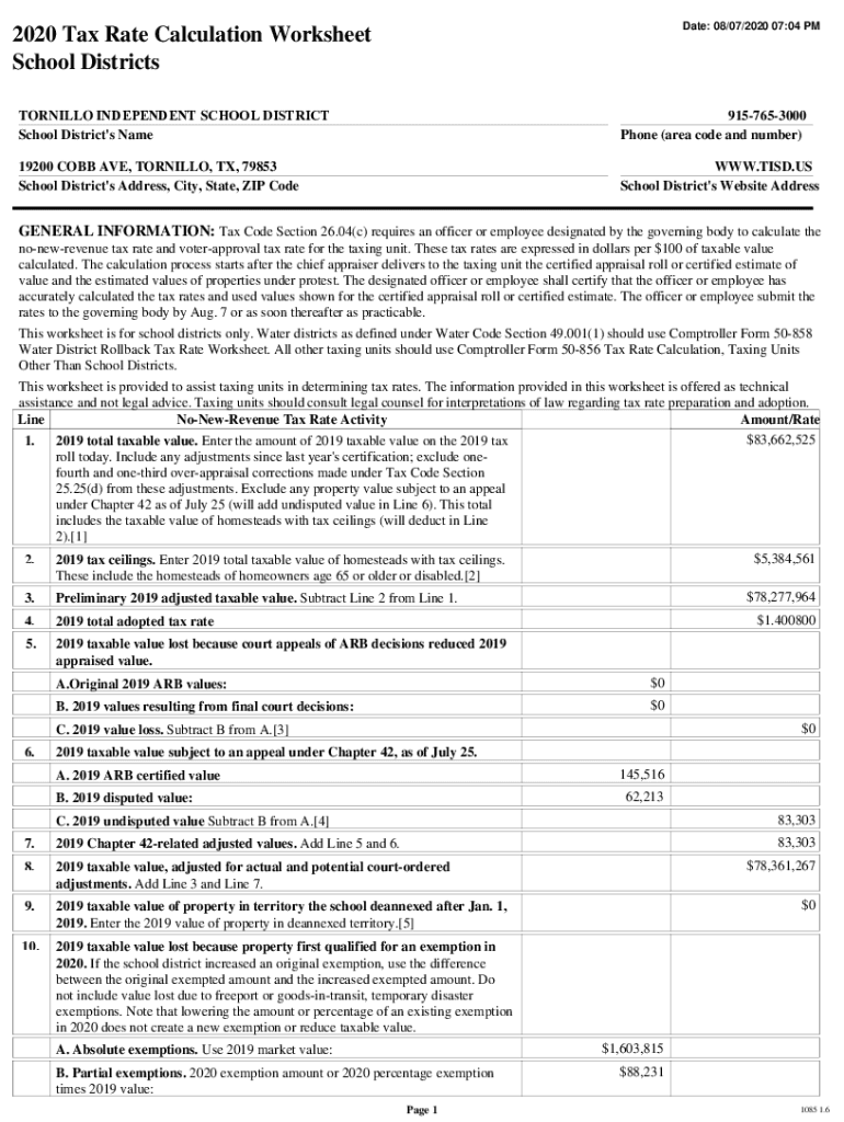 Fillable Online 2020 Tax Rate Calculation Worksheet Orange County