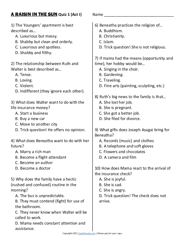 Fillable Online A Raisin in the Sun Act 1, scene i Quiz Fax Email
