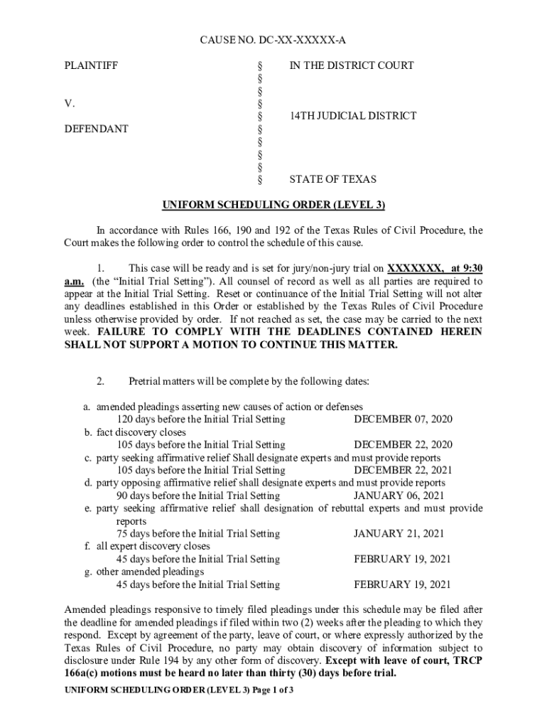 Fillable Online Uniform Scheduling Order Level 3 Fax Email Print