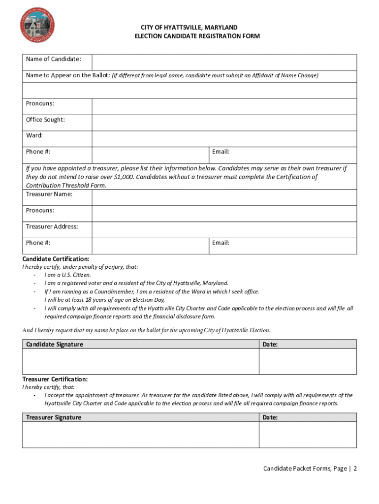 Fillable Online city of hyattsville, maryland election candidate