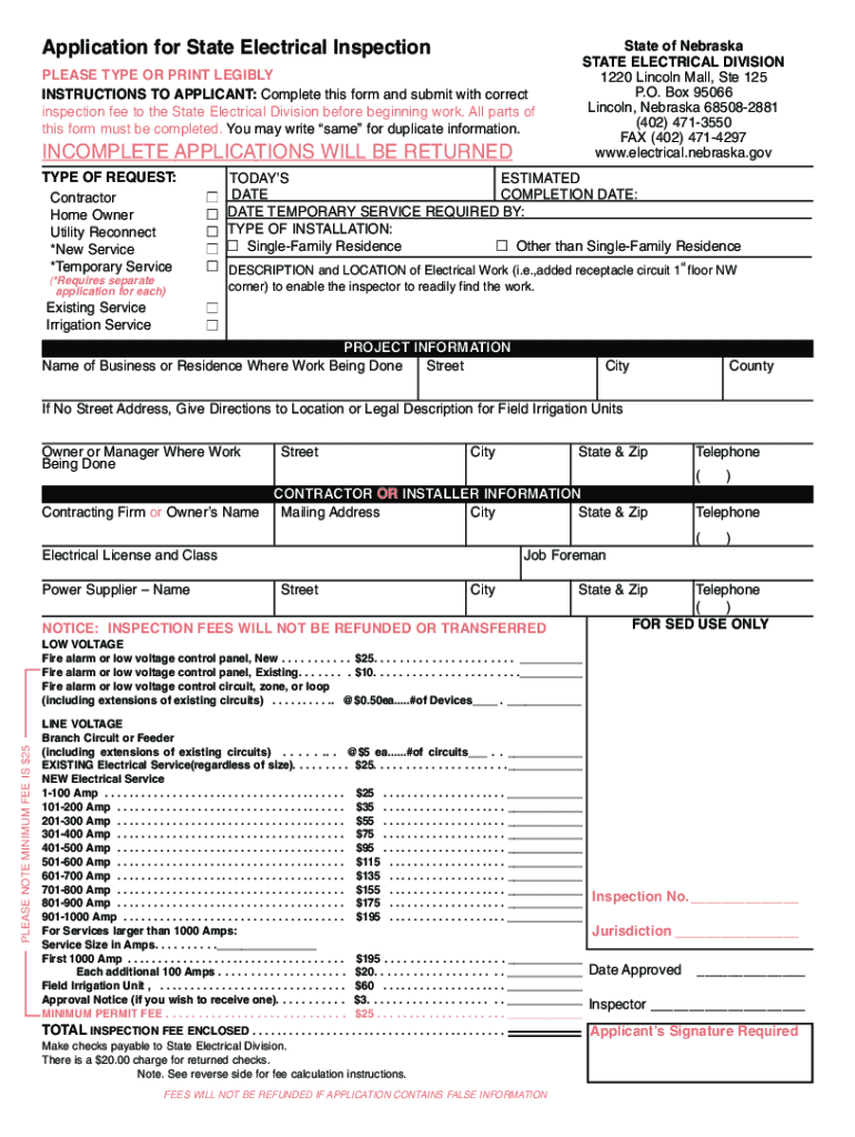 Fillable Online electrical nebraska Application for State Electrical