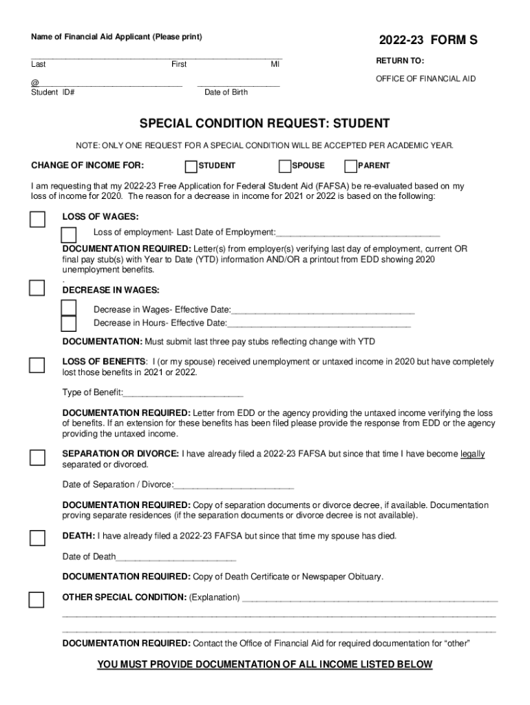 Fillable Online 20222023 Form S Special Condition Request Fax Email