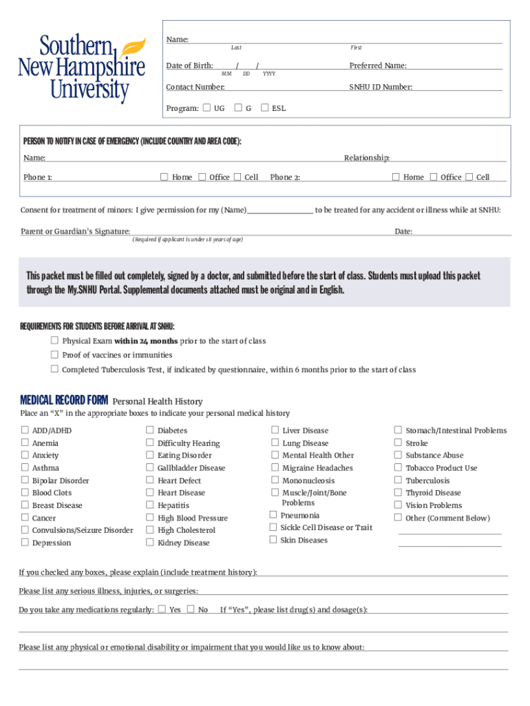 Fillable Online SNHU Medical Records Form Fax Email Print pdfFiller