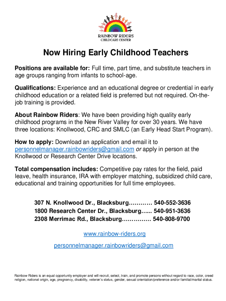 Fillable Online Substitute Teacher PreSchool Teacher Part Time Jobs