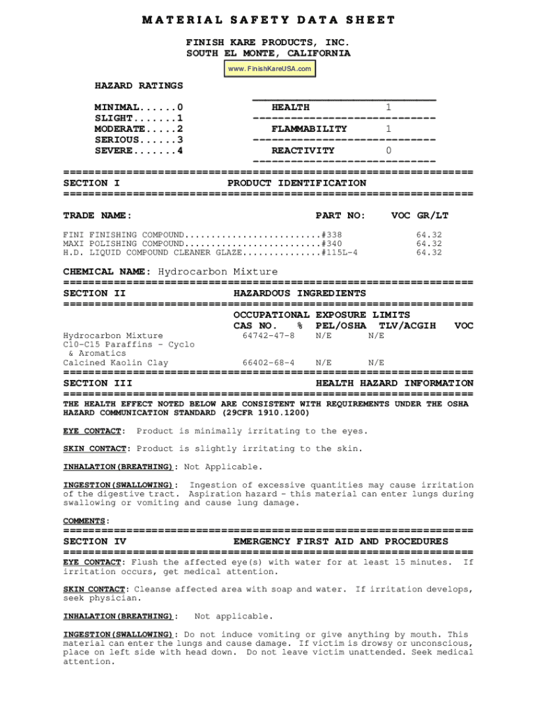 Fillable Online material safety data sheet finish kare products, inc