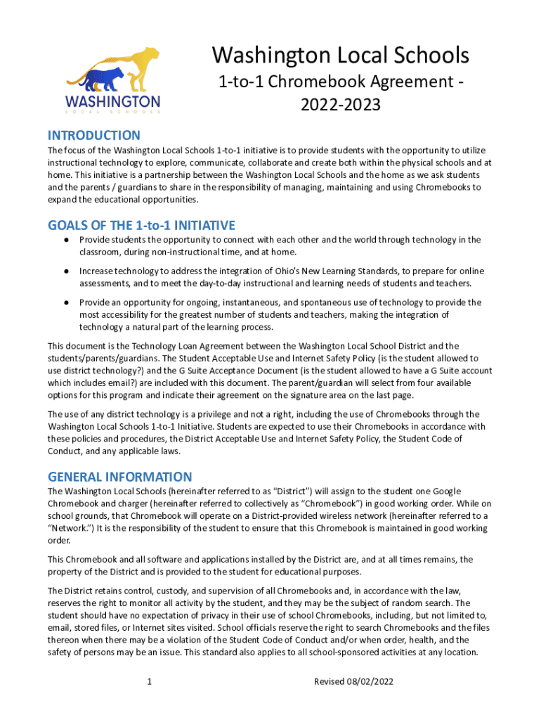 Fillable Online Washington Local Schools 1to1 Chromebook agreement
