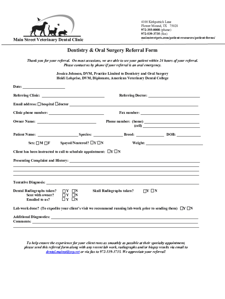 Fillable Online Main Street Veterinary Hospital Vet in Flower Mound, TX Fax Email Print pdfFiller